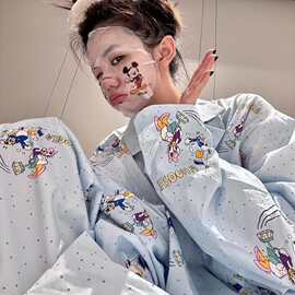 韩系春秋新款卡通印花长袖松紧腰阔腿裤家居睡衣套装