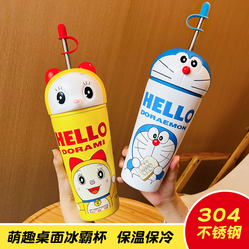 EXPRESSIÓN DELEMENTO Doraemon taza de paja de gran capacidad dentro y fuera 304 taza de hielo de dibujos animados auténtica autorizada taza de agua para niños