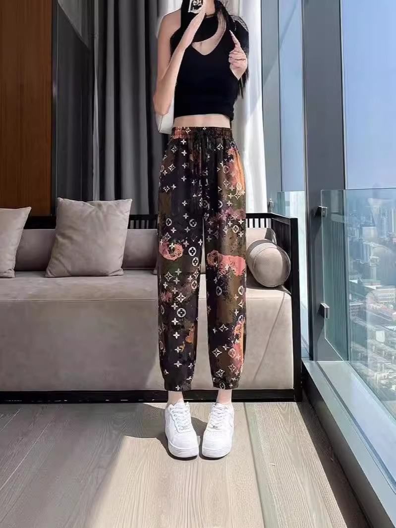 Summer Ice Silk Women's Pants Printed Ankle Pants Beach Cool Pants Ice Silk Pants Small All-match Ankle Pants Women