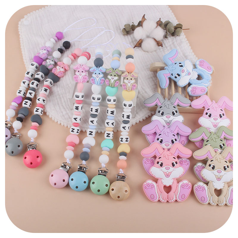 Nuevo bebé suministros chupete cadena DIY bebé nombre silicona teether conejo teether traje