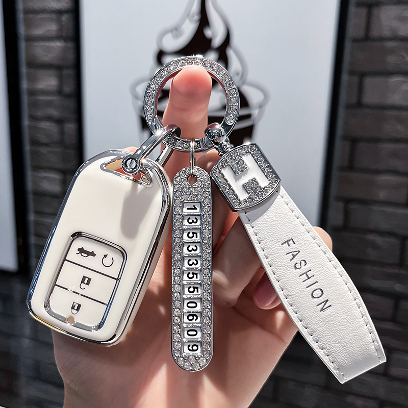 BT 키 유형 E - 스마트 4버튼 [싱글 쉘 화이트] + 화이트 H 가죽 로프 다이아몬드 버클 + 실버 번호판