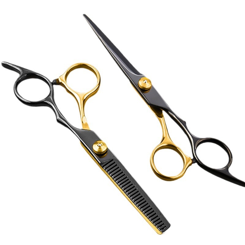 Forbici✂Forbici da parrucchiere a denti piatti in acciaio inossidabile nero e oro, set professionale per il taglio dei capelli_voghion.com