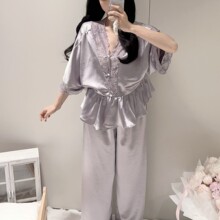 纯色睡衣套装女蕾丝花边V领两件套时尚家居服夏季薄款丝绸带胸垫