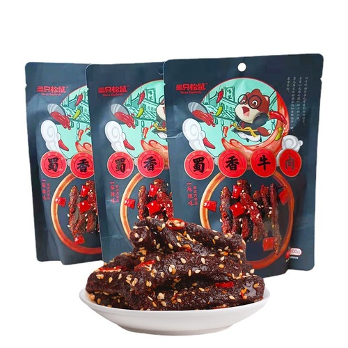 Three Squirrels_ Sichuan Aromatic Beef Jerky 100g, Spicy and Hot Flavor, Beef Snacks for Leisure and Office Snacking