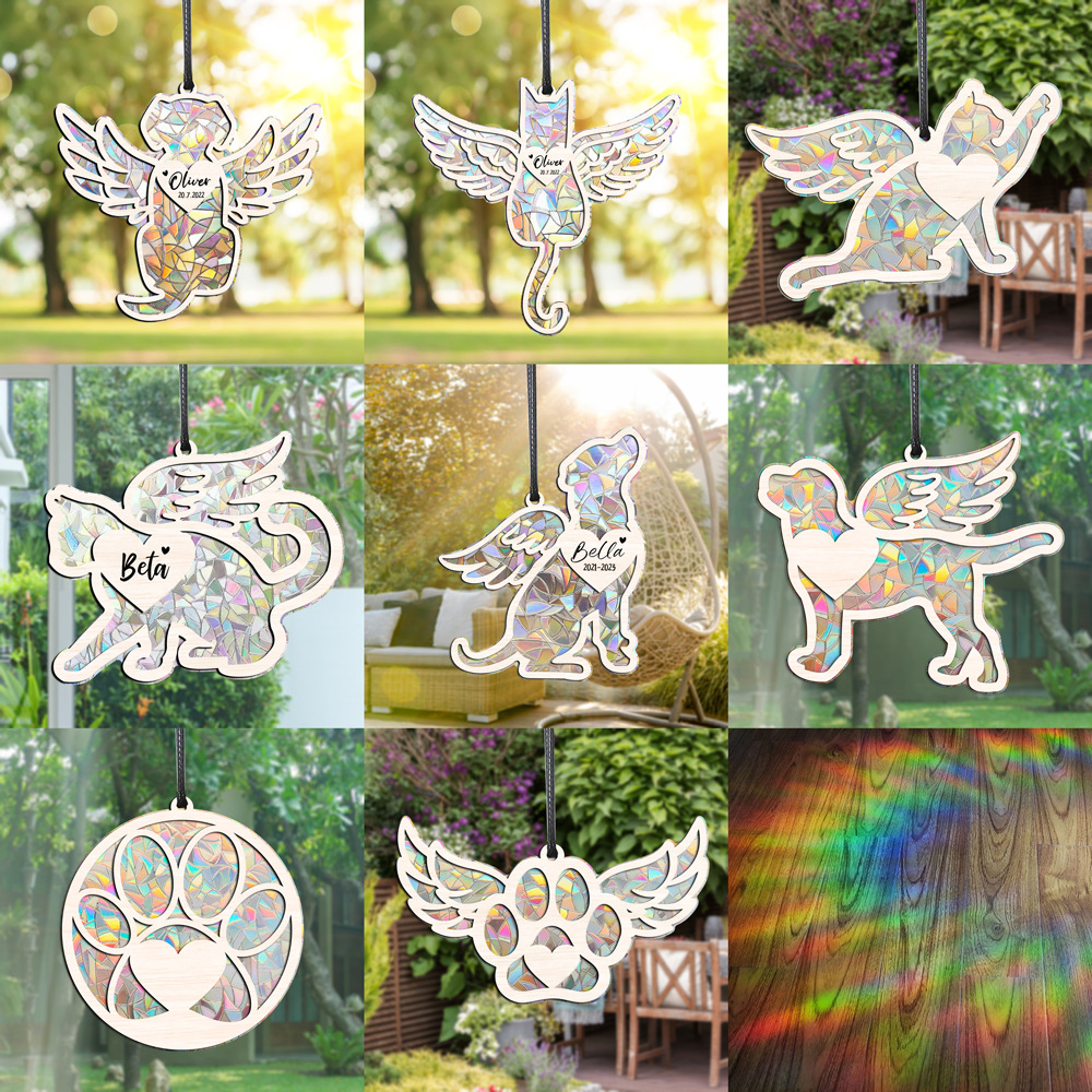 MZRPS001-008 Wooden Rainbow Light Sun Catcher Solar Light Catcher Memorial Pet Ornament Hanging Decor