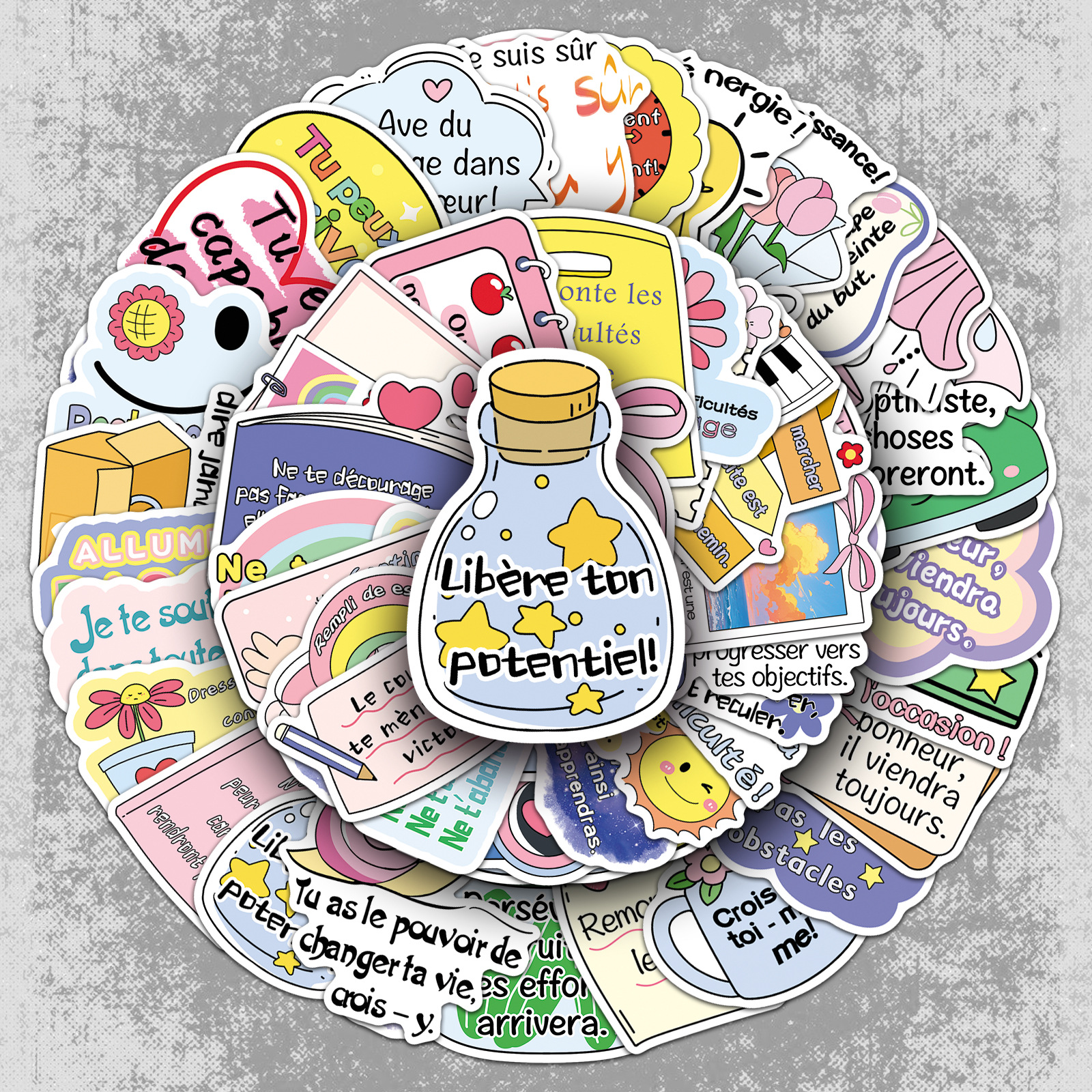 50张法语励志文字贴纸正能量短句原创防水装饰笔记本手帐本贴纸