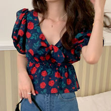 韩国chic夏季复古百搭V领系带镂空设计玫瑰印花泡泡袖衬衫上衣女