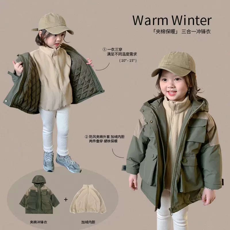 【清仓款】维木童装儿童冲锋衣三合一加绒外套秋冬新款风衣宝宝衣