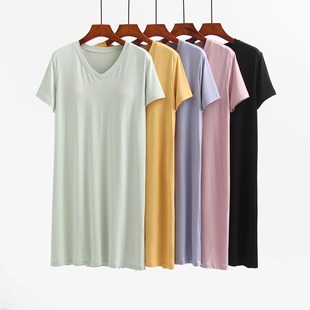 Women's Padded Nightgown Summer Wear-Free Bra Short-Sleeved V-Neck Pajamas plus size Outer-Wearing Home Clothes Thin Summer Solid Color
