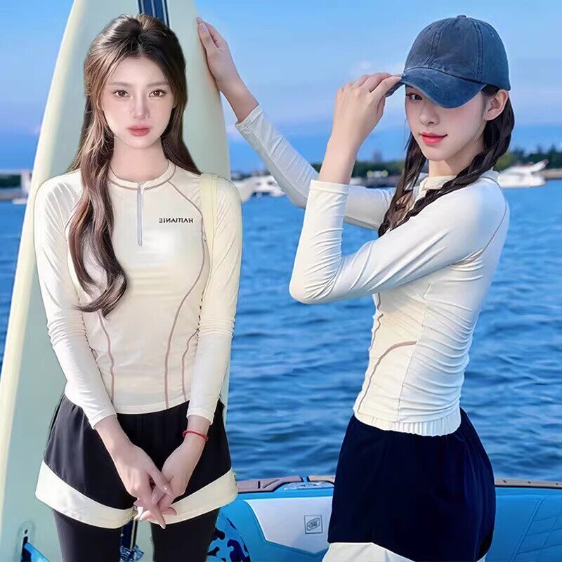 Korean Women's Two-Piece Long-Sleeve Swimsuit, Conservative Slim-Fit, Sun-Protective, Quick-Dry Surfing and Snorkeling Suit, Rash Guard Set