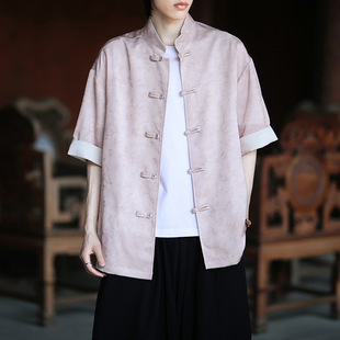 Chinese Style Men's Summer Thin Embossed Short-Sleeved Shirt Retro Tang Suit Stand Collar Buttoned Hanfu New Chinese Style Shirt