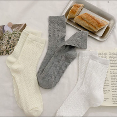 Cream Retro Crochet Embroidered Korean Mid-Calf Socks Ins Trendy Socks Japanese Solid Pile Socks Mid-Calf Socks Women Versatile