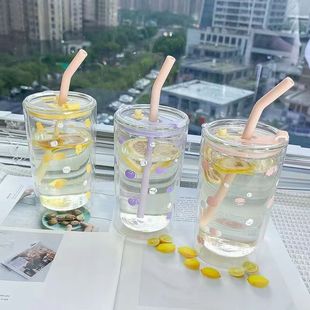 Ins Style High Beauty Value Summer Girls' Glass Double Drink Suction Tube Cup Large Capacity School Cup Coffee Cup with Lid