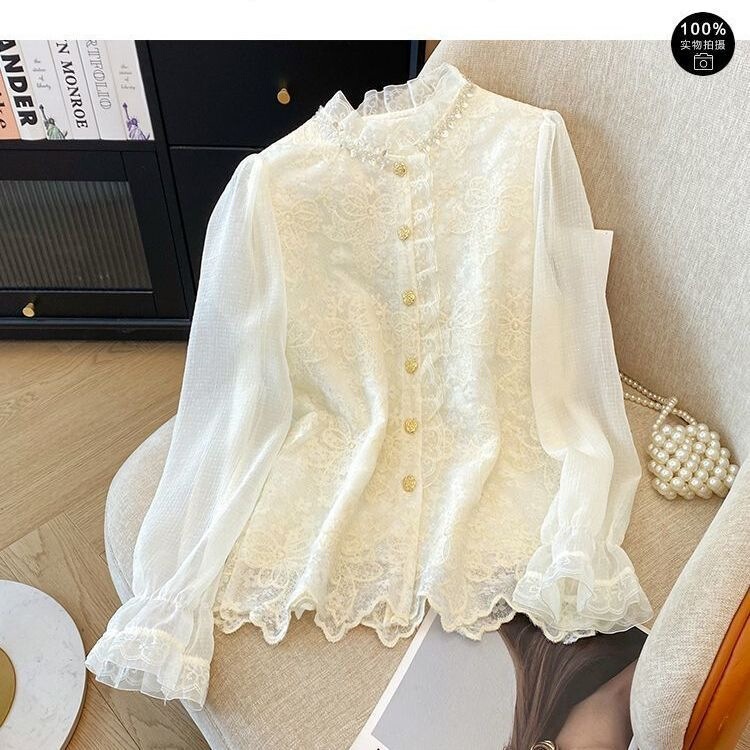 Fashionable spring and autumn lace top, trendy and high-end, with intricate sequin embroidery and floral design, women's shirt Fashionable spring and autumn lace top, trendy and high-end, with intricate sequin embroidery and floral design, women's shirt