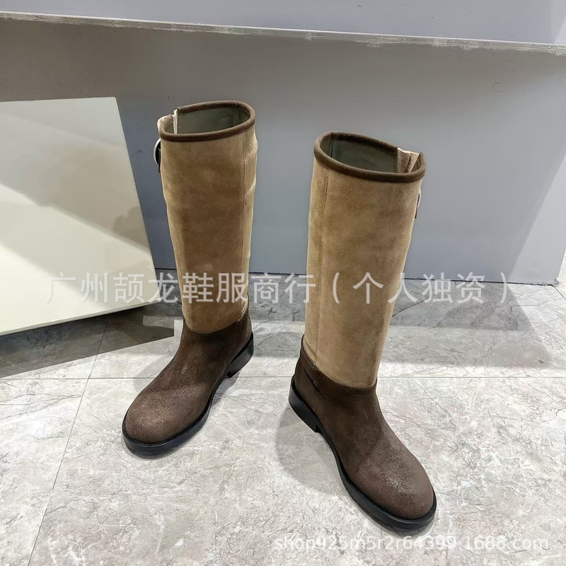 高版小众新款真皮拼接麂皮圆头复古皮带扣高筒骑士靴不过膝长靴女|undefined