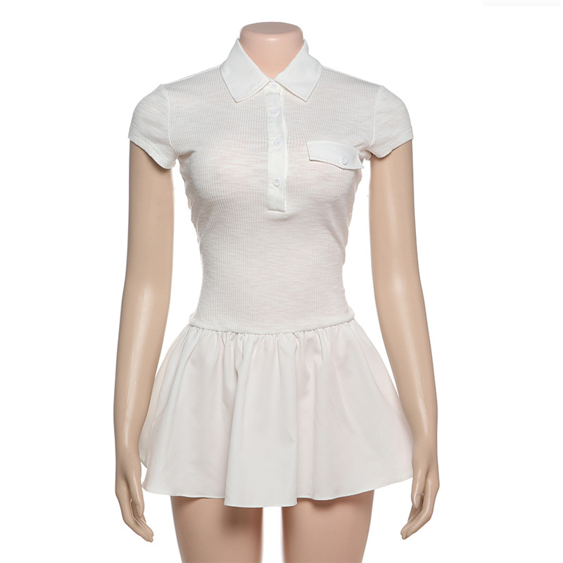 Spring Women Clothing Personality Collared Button Slim Slimming Pleated Contrast Color Short Sleeve Dress