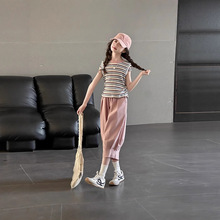 女童夏季炸街套装2025新款洋气中大儿童坑条短袖T恤萝卜裤两件套