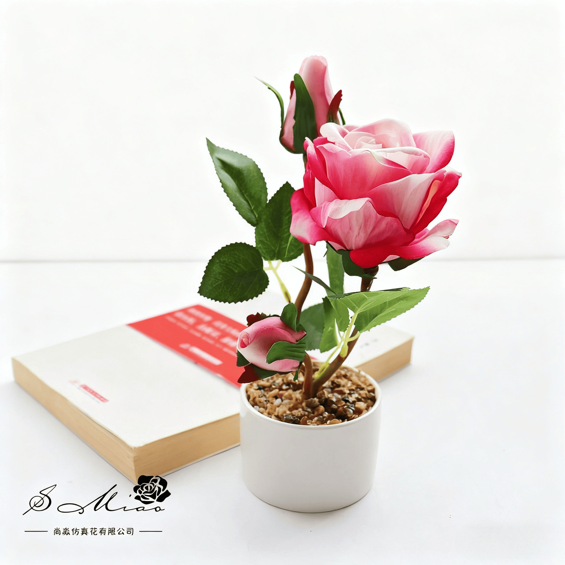 Flores falsas de terciopelo de alta calidad rosa pequeña flor de bonsai decoración de moda creativa plantación verde artificial imitación maceta