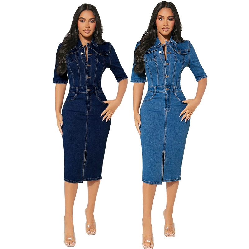 218577 Женское новое джинсовое платье с короткими рукавами и лацканами, закрывающее бедра, средней длины, прямая продажа с фабрики