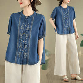实拍2025新款天丝牛仔大码显瘦文艺复古衬衫宽松棉麻裤夏季套装女