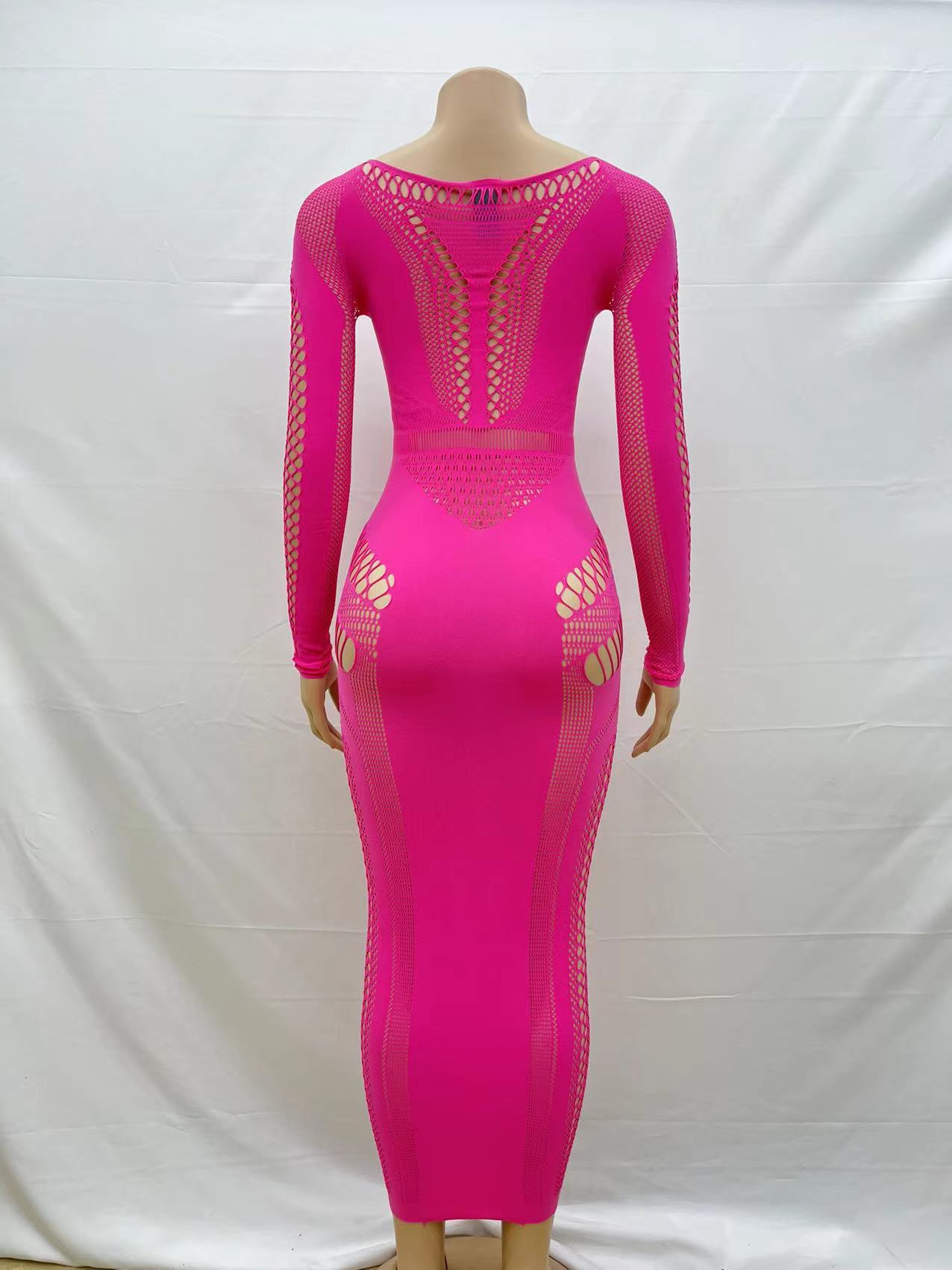 Solid Color round Neck Sexy Slim Hollow Out Cutout Long Sleeve One Piece Knitted Long Sheath One Step Jumpsuit