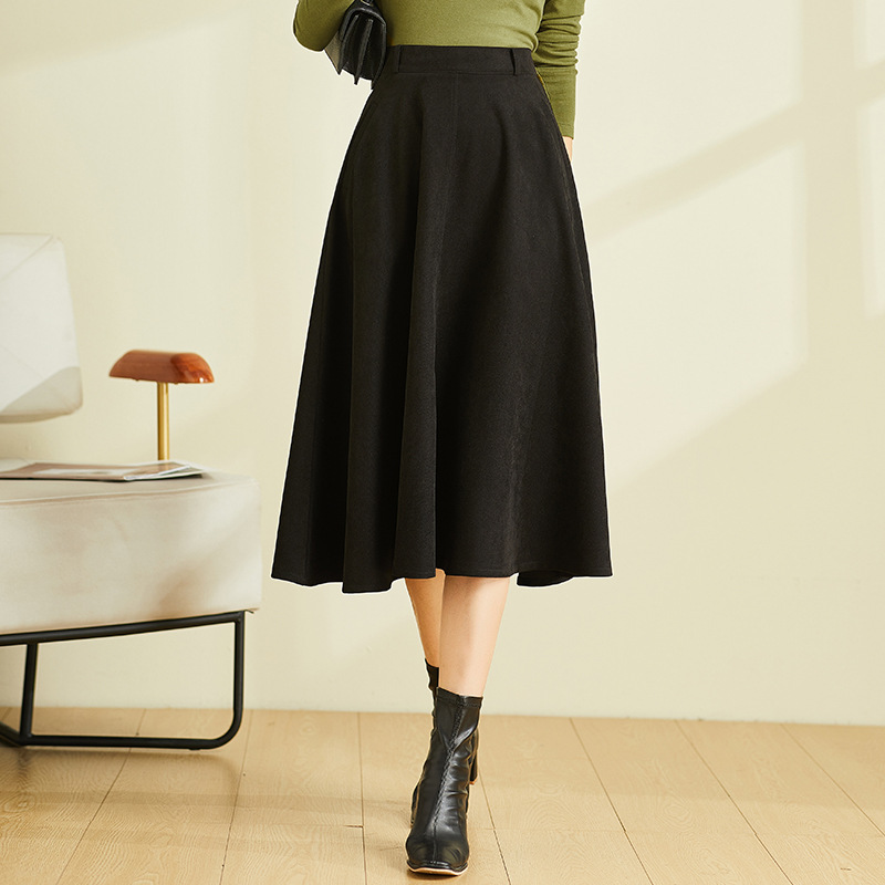 Váy midi chữ A cạp cao đen vintage, dáng suông che hông — Màu đen