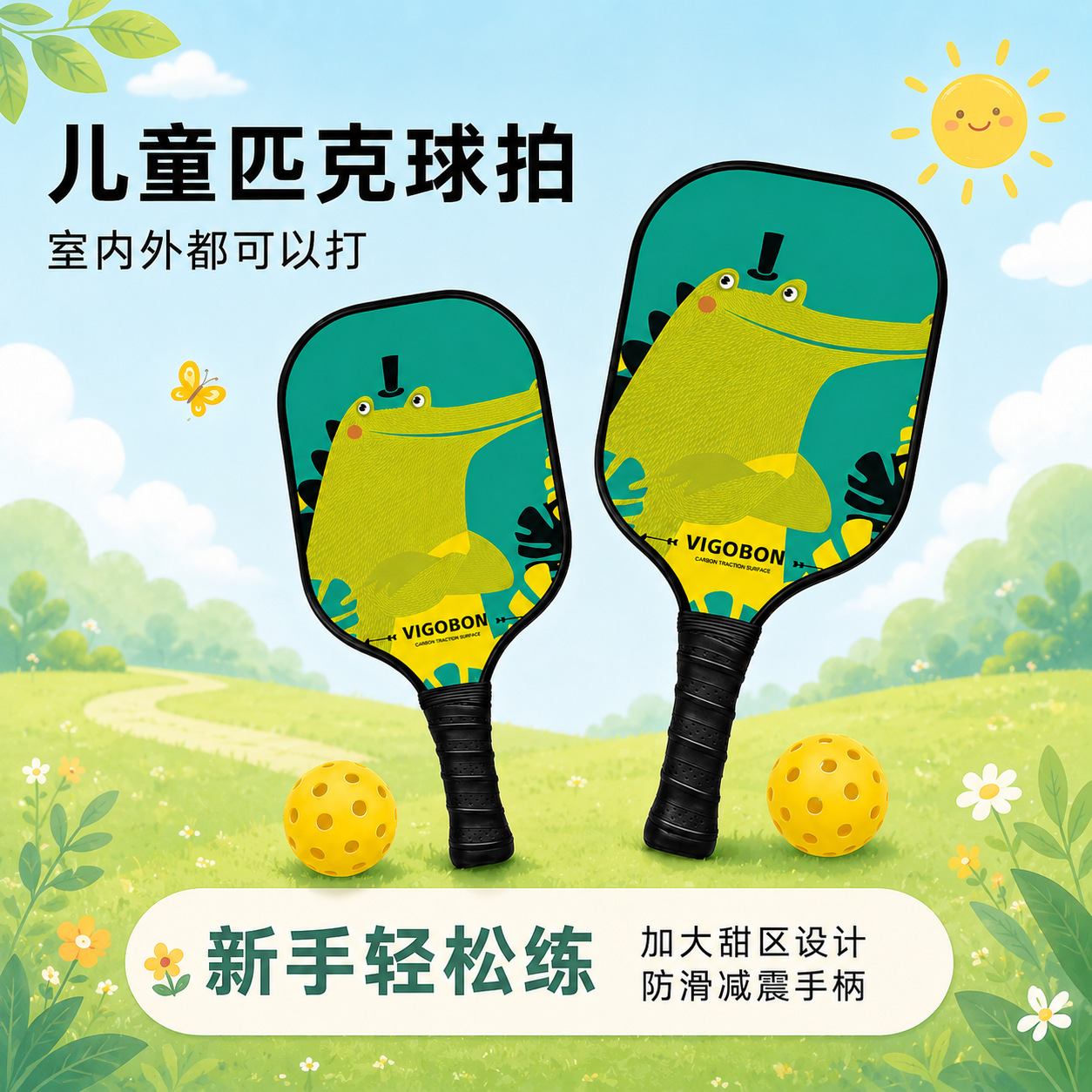 Cute cartoon-style fiberglass pickleball rackets for children, suitable for outdoor sports and parent-child activities; available in stock