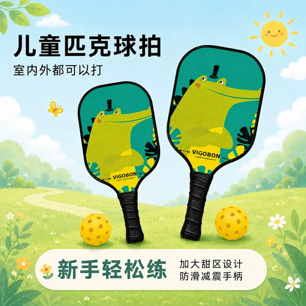 Cute cartoon-style fiberglass pickleball rackets for children, suitable for outdoor sports and parent-child activities; available in stock