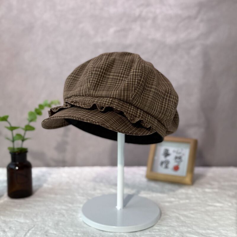 批发25年早秋新款日系复古优雅格纹褶皱边贝雷帽女显脸小八角帽子|undefined