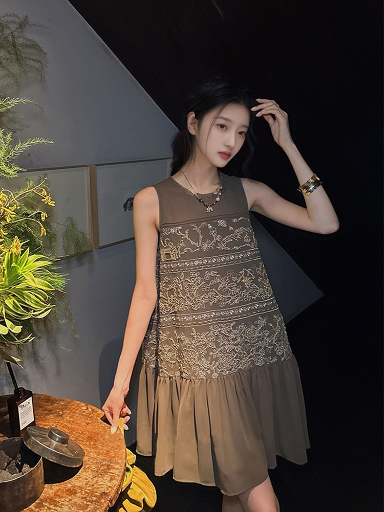 Đầm maxi nữ phong cách Trung Hoa thêu đính cườm retro mùa hè — Màu cà phê mẫu ngắn, Màu đen mẫu ngắn, Màu mơ mẫu ngắn, Màu đen dáng dài