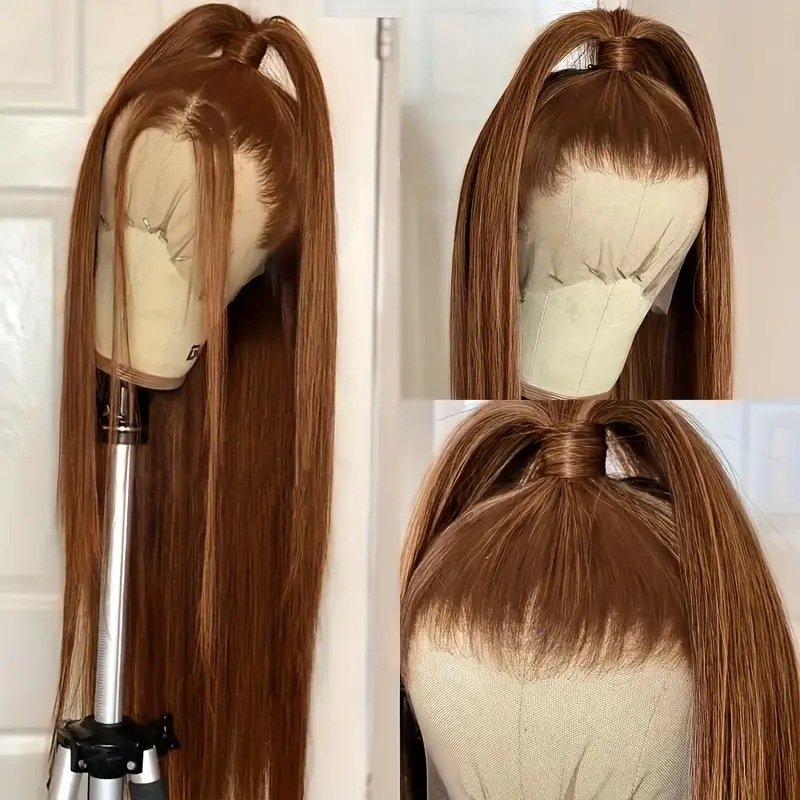 Parrucca lunga liscia con base in pizzo, castana, con capelli sintetici a copertura totale, extension per capelli alla moda e popolari._voghion.com
