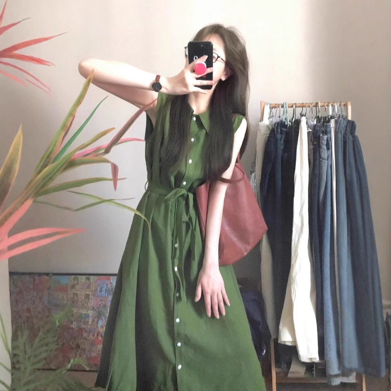 Artistic Retro Green Sleeveless Vest dress Women's Summer Shirt Dress Strap Waist Slimming Small Medium-length Dress