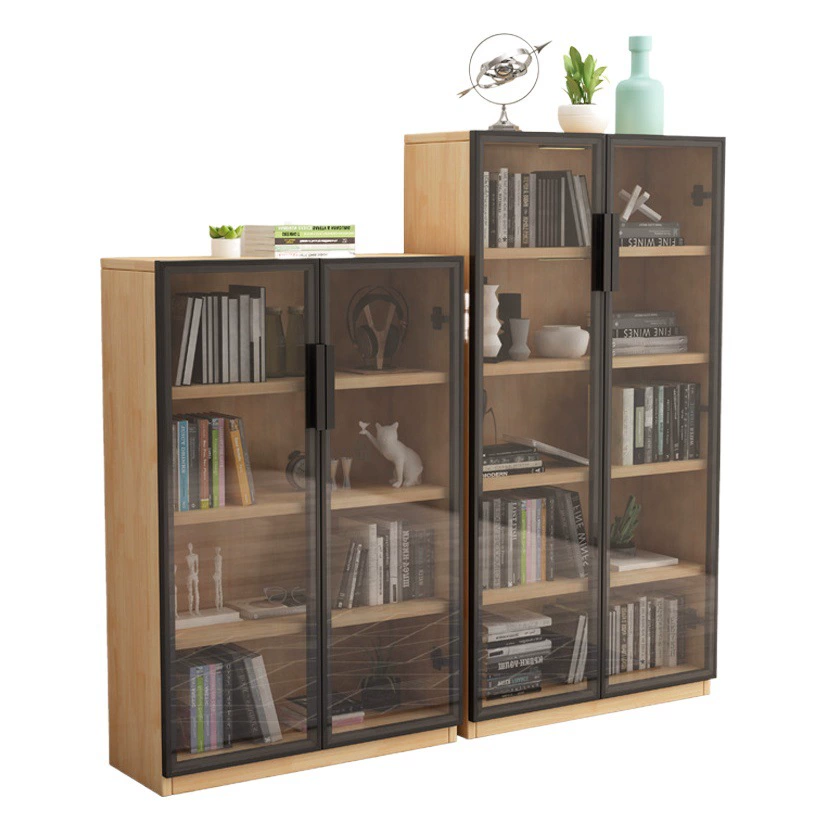 Книжный шкаф из цельного дерева со стеклянной дверью Пылезащитный напольный каучуковый деревянный книжный шкаф Современный простой шкафчик Регулируемый шкаф для хранения
