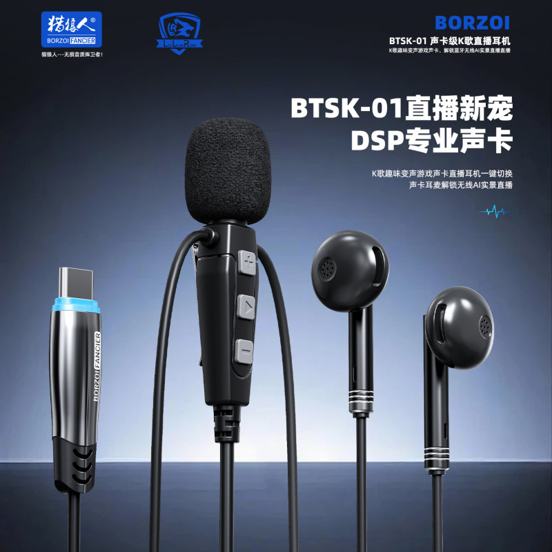 Btsk01 Sound Card Live Broadcast Karaoke Game Headset Comes with Ear-Return Dsp Reverb to Unlock Ai Real-Life Recording and Dubbing
