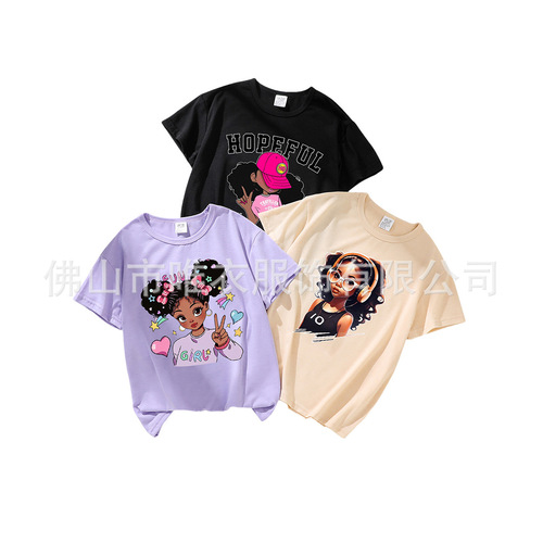 SHEIN cross-border exclusive summer thin girls' European and American style loose-fit t-shirt children's cartoon African girl portrait short-sleeved