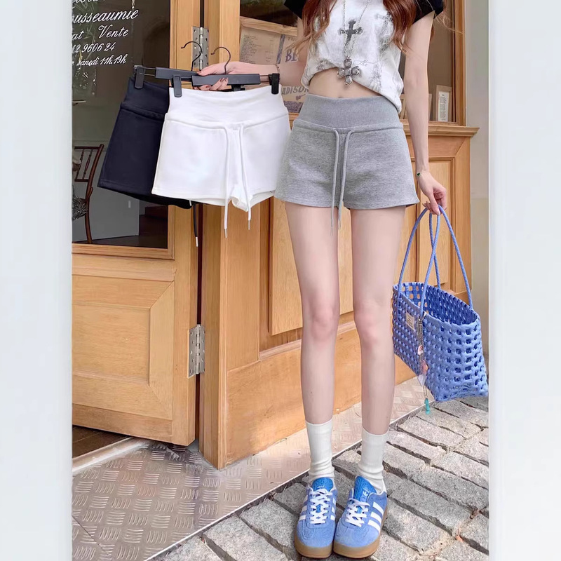 Black Sports Shorts for Women 2025 New Style Drawstring Cycling A-Line Hip-Hugging Casual Yoga Pants Ultra-Short High-Waisted