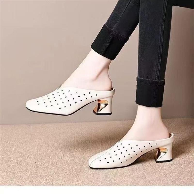 Mueller zapatos cuadrados de tacones gruesos para mujeres 2026 verano nuevos zapatos de agujero de cuero suave con cabeza de bolsillo medio zapatos de transporte universal image 6