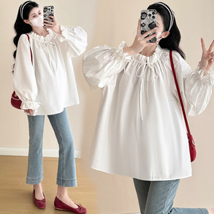 Pregnant Women's Fashionable Korean-style All-match Spring New French-style High-end Pregnant Mother's Fairy-like Loose Belly Covering Age-reducing Shirt