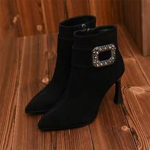 水钻方扣磨砂短靴女秋冬季细跟瘦瘦靴单靴加绒踝靴中跟尖头时装靴