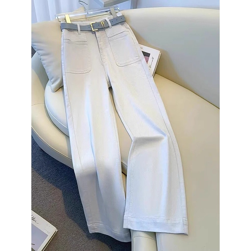 Light Gray White Wide-Leg Jeans for Women 2025 New Summer Popular Pants Narrow Straight Pants High-Waisted Floor-Length Pants
