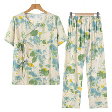 中年棉绸睡衣女夏季薄款短袖套装妈妈人造棉可外穿中式国风家居服