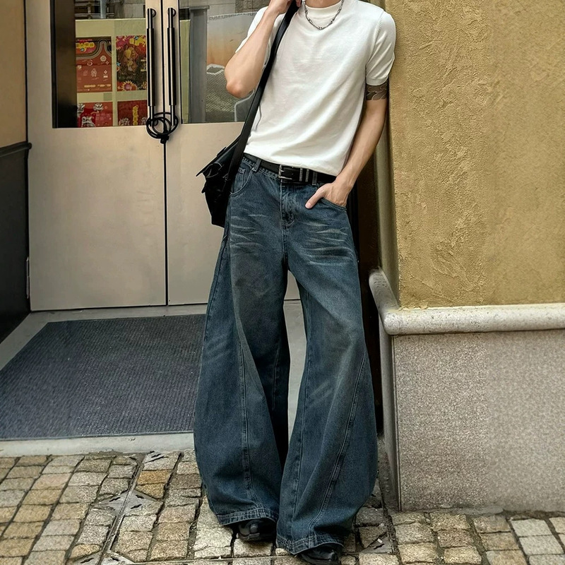 American street style washed oversized jeans for men and women, trendy brand, high-end feel, loose casual, relaxed wide-leg curved pants