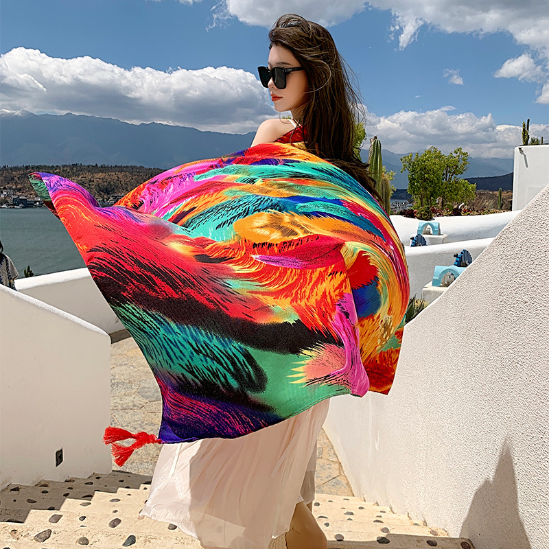 Yunnan estilo étnico colorido pluma viaje protector solar Toalla de playa moda al aire libre chal decorativo algodón y lino sensación bufanda seda