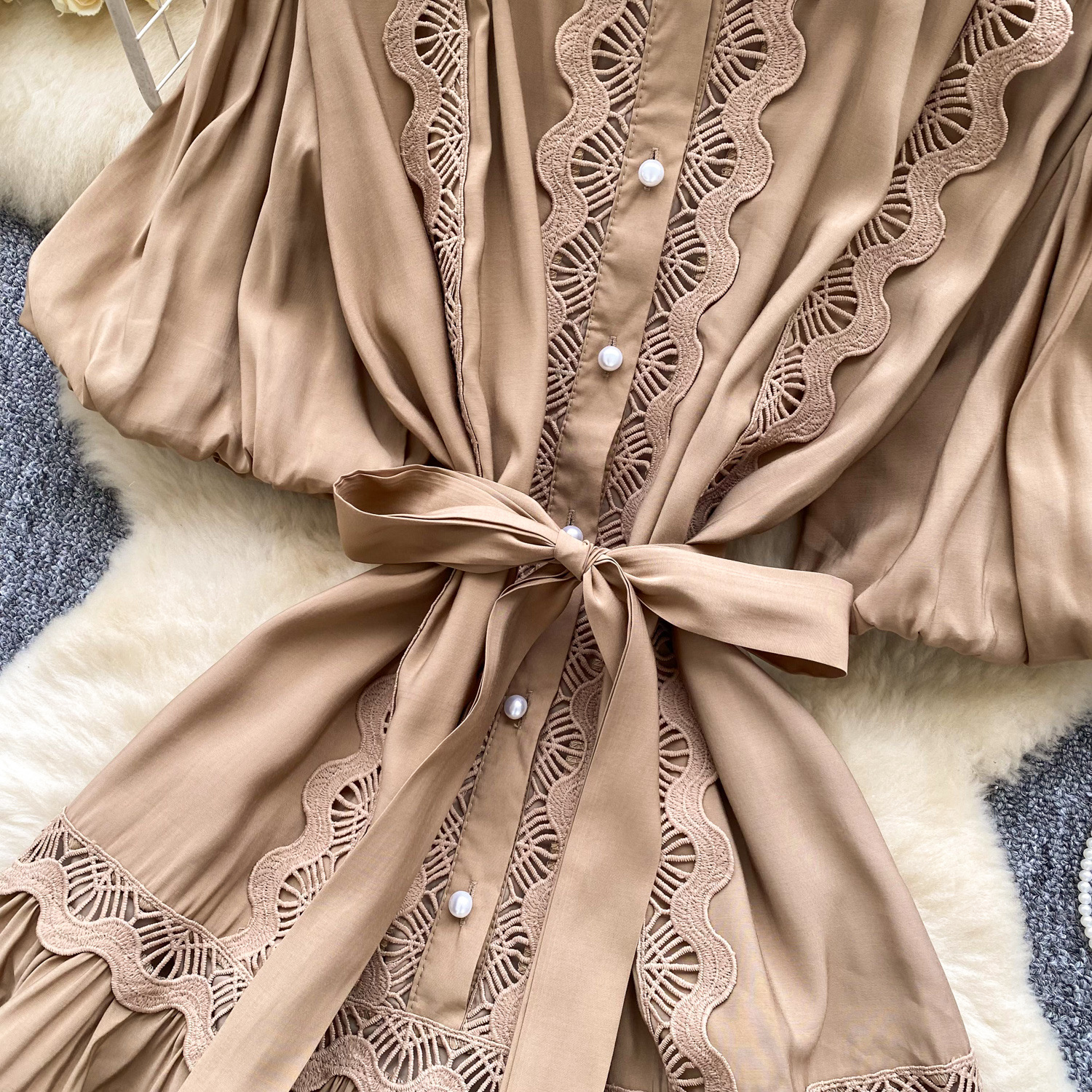 Women's Clothing Retro Palace Fashionable Lace Splicing Tie Waist Dress Lantern Sleeve Slim Temperament A Line Skirt_ecoleips.com