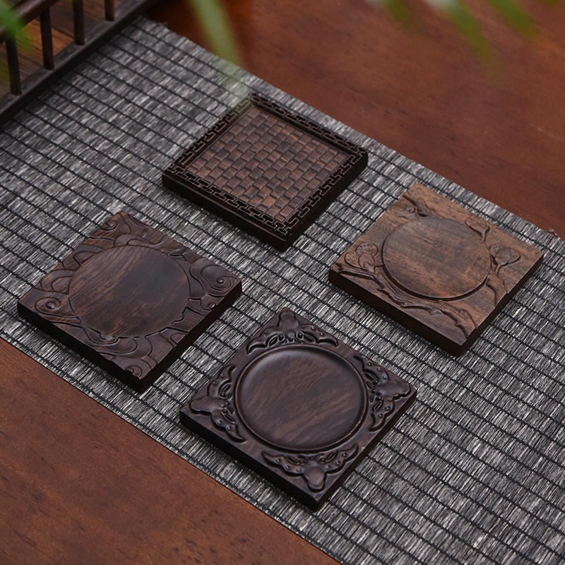 Ebony Solid Wood Relief Tea Tray Cup Holder, Creative Retro Cup Holder for Tea Room, Square Carved Tea Tray, Kung Fu Tea Ceremony Accessories