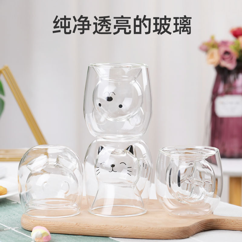 Bear Double-Layer Cup Glass Heat-Resistant Cute Creative Double-Layer Cup Cup Cat Double-Layer Cup Cartoon Double Wall Water Bottle