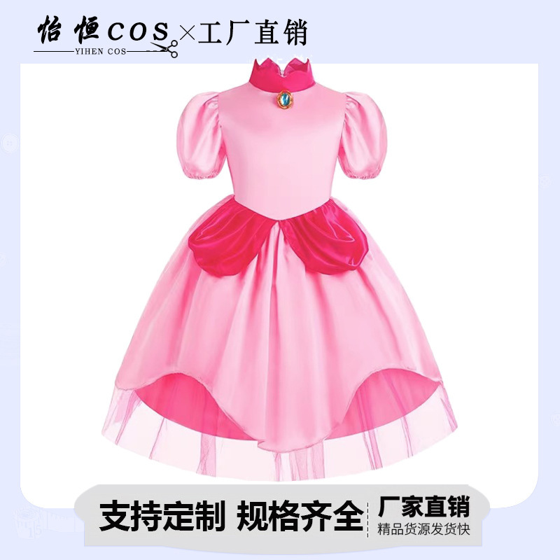 Cross-Border Christmas Children's Cosplay Costume Princess Dress Lace Mary Mario Peach Game Theme