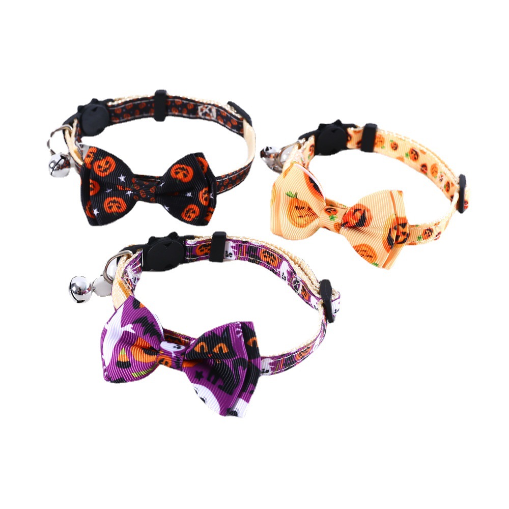 Mascotas gatos conejos perros collares de arco de Halloween calabaza impresión anti-asfixia collar accesorios de campana