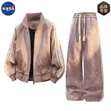 NASA品牌秋冬季美式条纹高级感夹克套装男情侣潮牌大码外套一整套