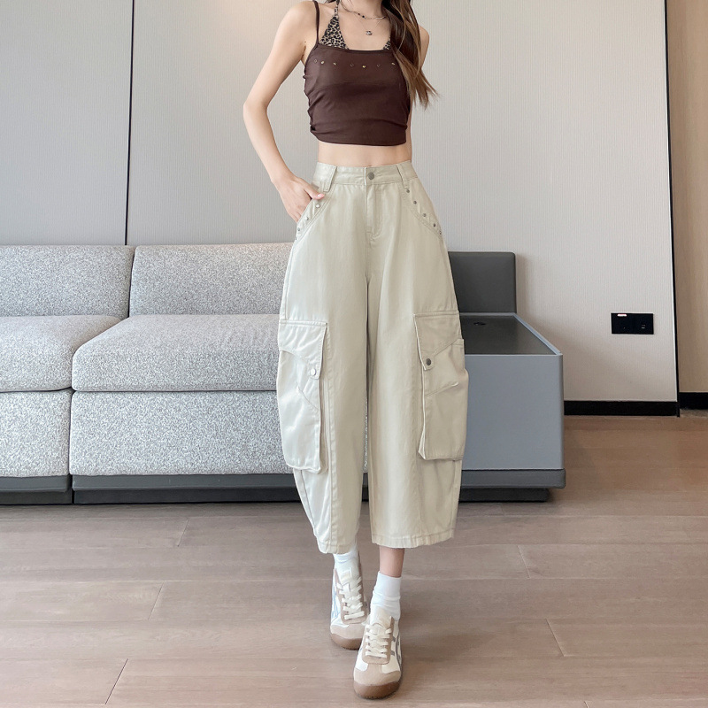 Blanco arroz de trabajo viento de bolsillo pantalones de piernas anchas para mujeres 2026 verano delgado pantalones de cuchillo en forma de pera pantalones